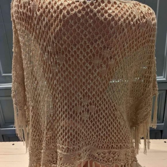Women's Tan Beige Airy Crochet Shawl Wrap Top Large - Picture 2 of 2